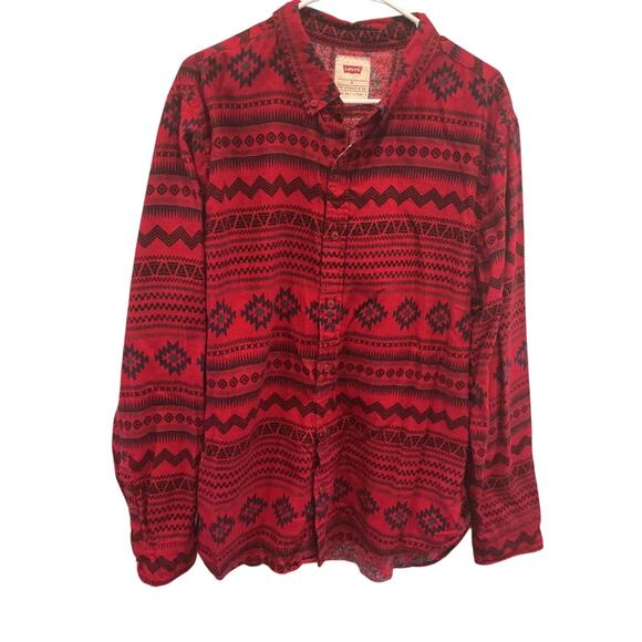 Vintage Levis Mens Flannel Button Up Shirt Button Down Red Aztec Size XL Western - Picture 1 of 8